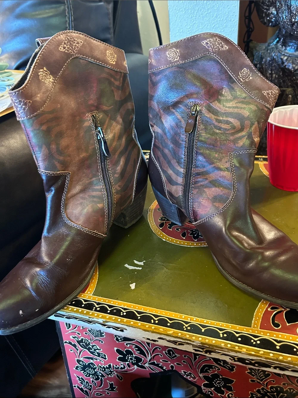 Spring Step Brown Western-Inspired Ankle Boots with Patterned Panels